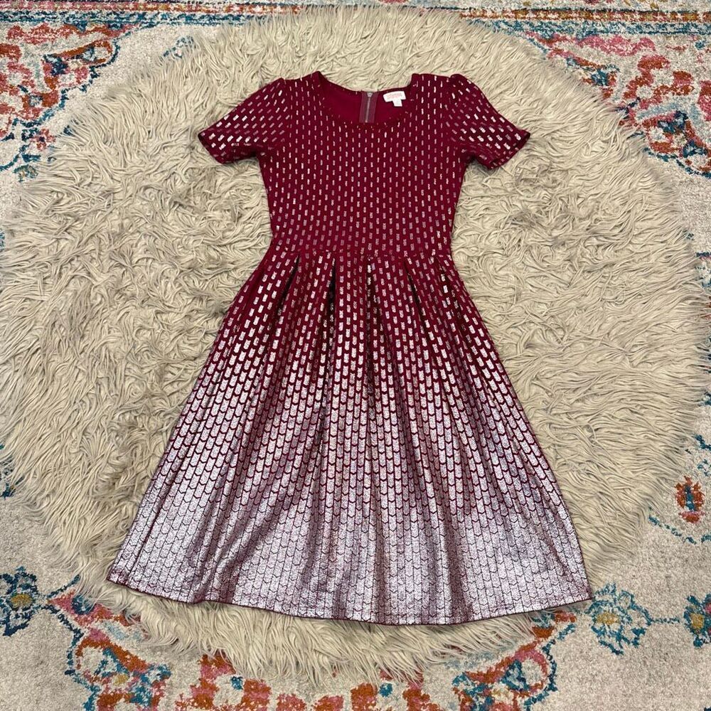 LulaRoe Elegant Amelia Red & Silver Metallic Fit & Flare Party Dress Size S